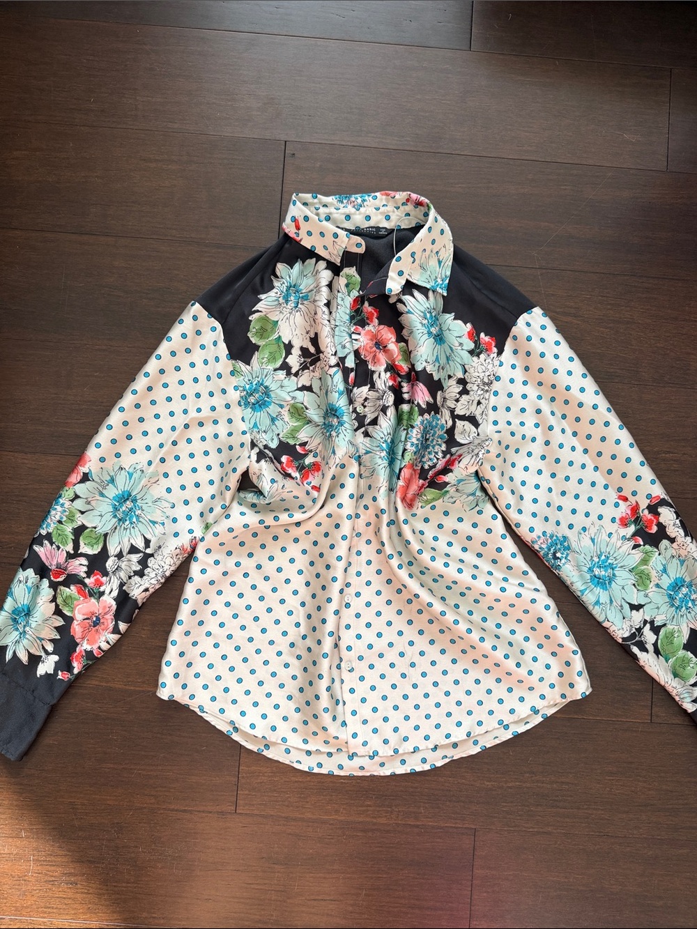 Zara Cream & Black Floral Polka Dot Button-Down Shirt